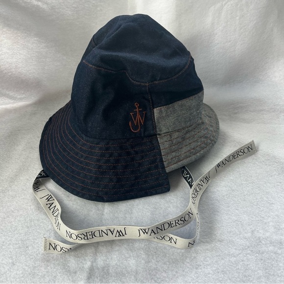 J W ANDERSON sz M/L 60 Denim Asymmetrical Bucket Hat Logo Straps - Picture 1 of 11